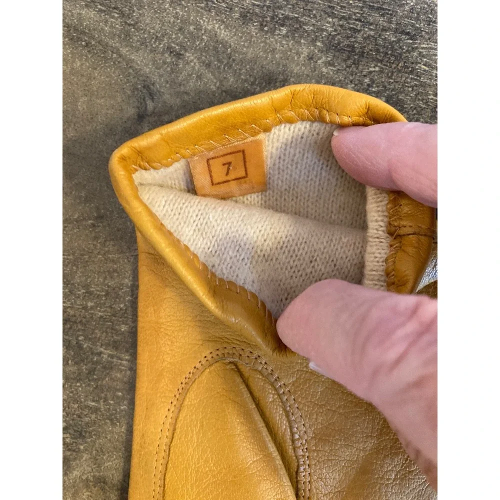 Vintage Mustard Yellow Leather Gloves Size 7 Knit Lined Mid Length Classic